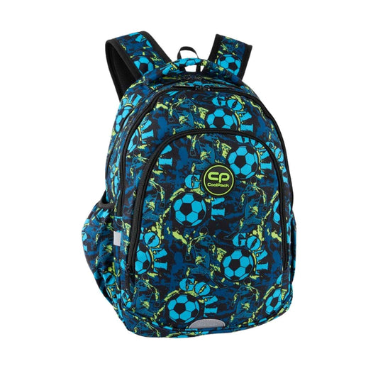  mochila escolar PRIME Kick Off de CoolPack! Una mochila de talla media ultraligera, fabricada con respaldo ergonómico de goma EVA y tirantes acolchados que garantizan un reparto óptimo del peso. Su diseño alegre y colorido cuenta con fondo reforzado, dos compartimentos espaciosos aptos para formato A4, bolsillo frontal con llavero de clic y bolsillos laterales con goma para la botella de agua. 