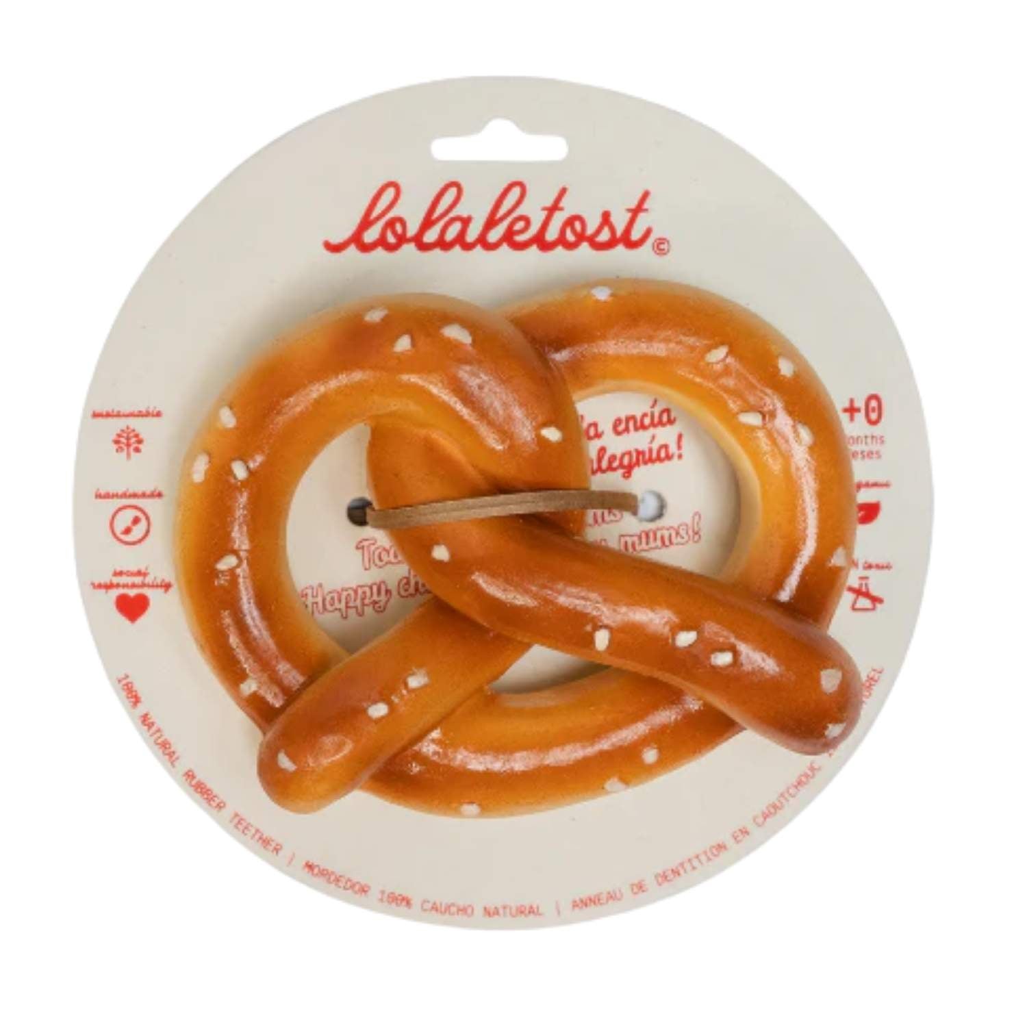 Consigue el mordedor de caucho natural Pepe le Pretzel en www.manodesantaoficial.es. Juguete de dentición ecológico, seguro y sin agujeros para bebés, ideal para el baño y el estímulo sensorial.