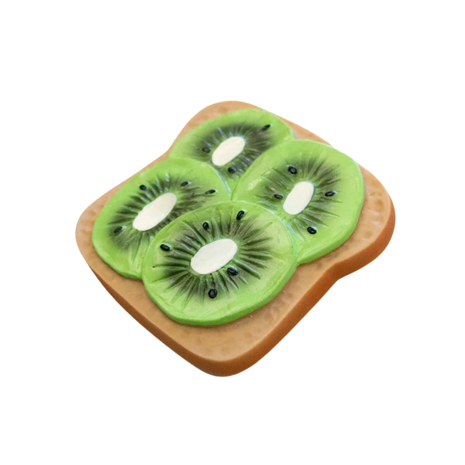 Mordedor en forma de Tostada con kiwi. Diseñado especialmente para las manos más pequeñas, es un accesorio ligero, blando y muy fácil de agarrar. Al no tener agujeros, se convierte en un juguete todoterreno súper seguro que tu bebé podrá usar también en la bañera, como elemento sensorial o para decorar su habitación. Encuentra los mordedores más divertidos y seguros en nuestra tienda online www.manodesantaoficial.es.