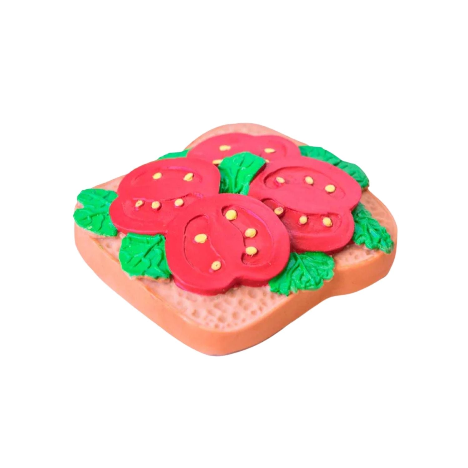 Mordedor en forma de Tostada con Tomate. Diseñado especialmente para las manos más pequeñas, es un accesorio ligero, blando y muy fácil de agarrar. Al no tener agujeros, se convierte en un juguete todoterreno súper seguro que tu bebé podrá usar también en la bañera, como elemento sensorial o para decorar su habitación. Encuentra los mordedores más divertidos y seguros en nuestra tienda online www.manodesantaoficial.es.