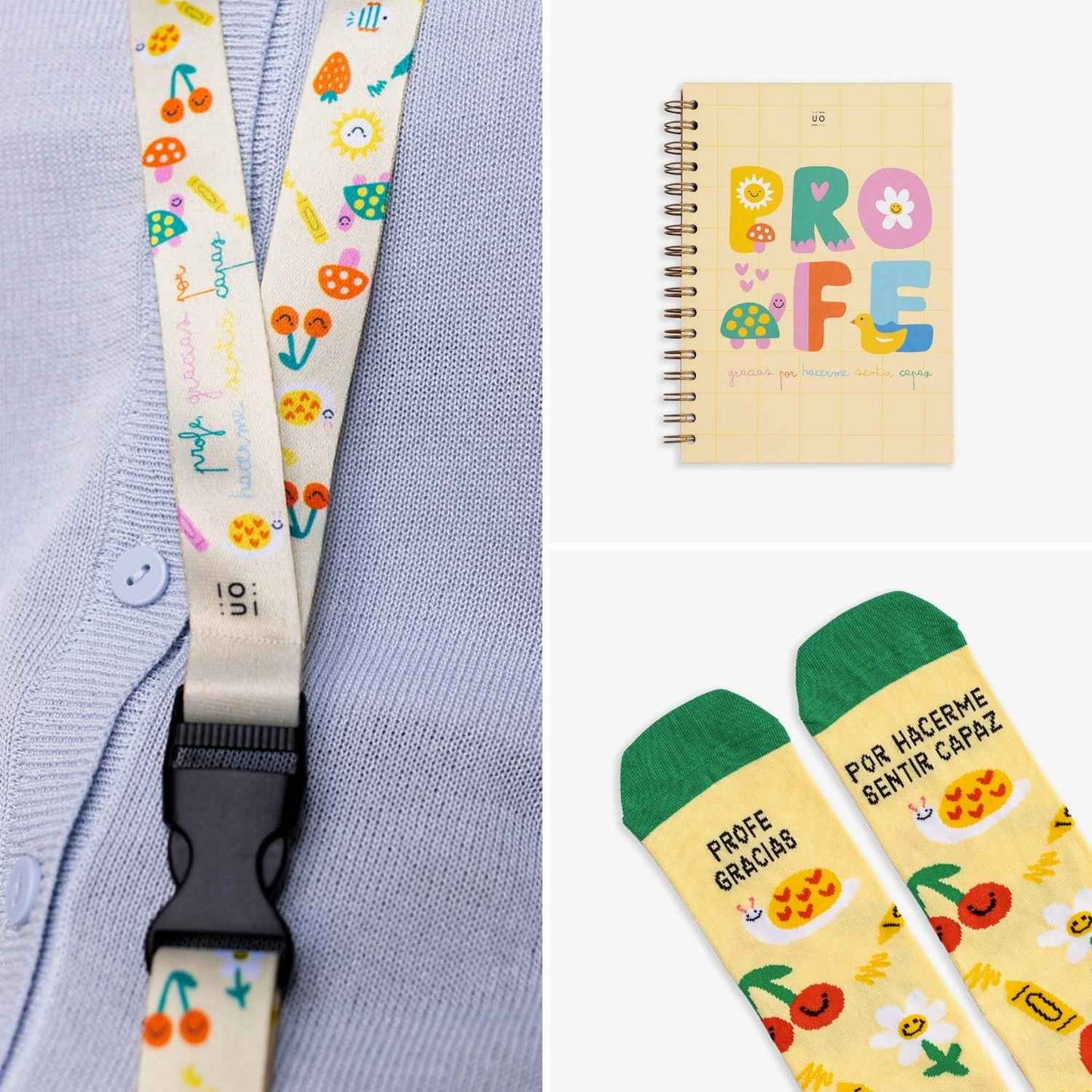 Pack de regalo para profesores: incluye calcetines, libreta de espiral y lanyard con el mensaje "Profe, gracias por hacerme sentir capaz". ¡El detalle más dulce y útil en www.manodesantaoficial.es!