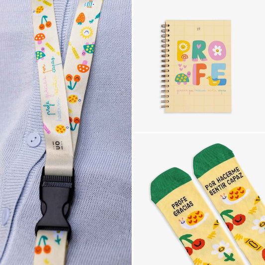 Pack de regalo para profesores: incluye calcetines, libreta de espiral y lanyard con el mensaje "Profe, gracias por hacerme sentir capaz". ¡El detalle más dulce y útil en www.manodesantaoficial.es!