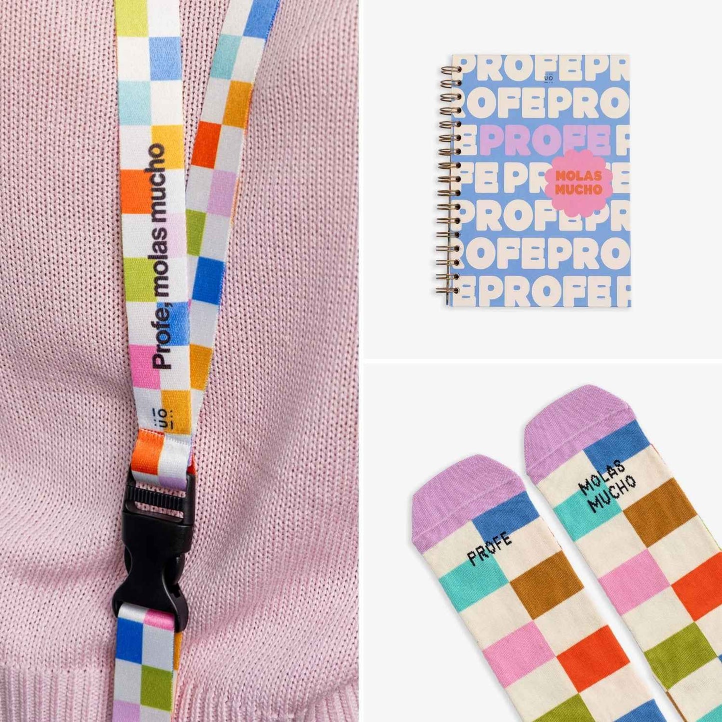Pack de regalo para profesores: incluye calcetines, libreta de espiral y lanyard con el mensaje "Profe, gracias por hacerme sentir capaz". ¡El detalle más dulce y útil en www.manodesantaoficial.es!