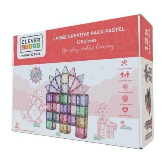 paquete creativo grande de 125 piezas de Cleverclixx.&nbsp;

Con este maravilloso juego de colores pasteles, tu hijo/ se pondrá manos a la obra y conocerá diferentes formas en diferentes colores.

Es un juego perfecto para construir en familia y también para hacer creaciones de construcción más grandes.