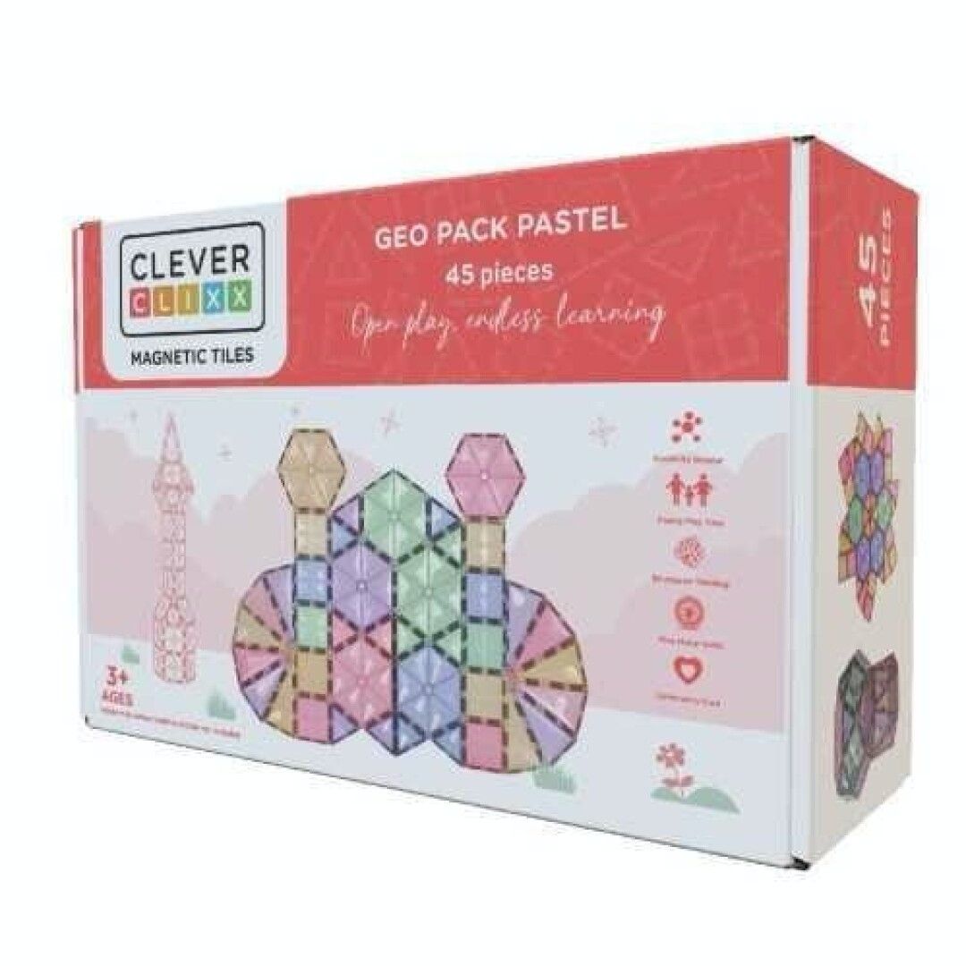 Set Geo de 45 piezas magnéticas de Cleverclixx! Este colorido paquete, en tonos paste caja