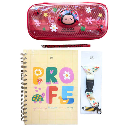 Pack de papelería para profesores con libreta y lanyard "Profe, gracias por hacerme sentir capaz", más estuche y boli borrable Ladybug de Legami. ¡El regalo perfecto en www.manodesantaoficial.es!