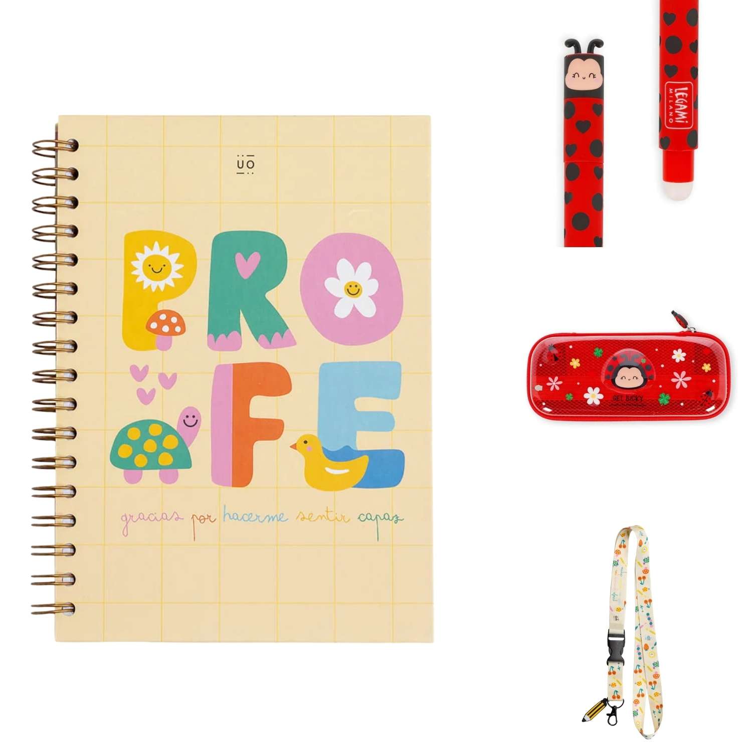 Pack de papelería para profesores con libreta y lanyard "Profe, gracias por hacerme sentir capaz", más estuche y boli borrable Ladybug de Legami. ¡El regalo perfecto en www.manodesantaoficial.es!