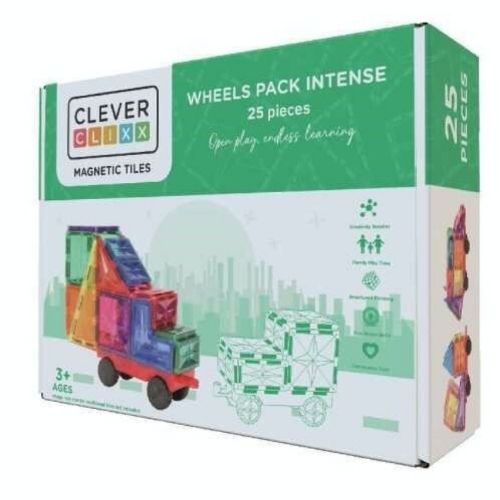 Pack Wheels Colores Vivos de Cleverclixx! Este set de 25 piezas magnéticas está diseñado para que los más pequeños construyan vehículos divertidos y llenos de creatividad. Con este pack, tu hijo/a podrá crear un coche superdivertido