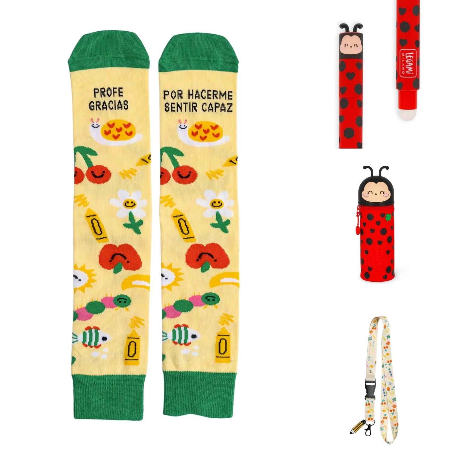 Pack de papelería para profesores con calcetines y lanyard "Profe, gracias por hacerme sentir capaz", más estuche y boli borrable Ladybug de Legami. ¡El regalo perfecto en www.manodesantaoficial.es!