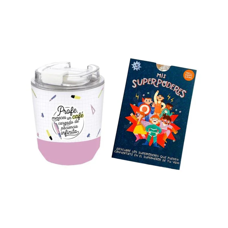 Porque tu Súper Profe necesita su dosis de energía diaria, este SÚPER PACK, compuesto de un vaso térmico para café y una baraja de Flashcards para trabajar las habilidades sociales de los peques en clase , sin duda será su aliado especial cada día del año ¡Un SUPERREGALO!