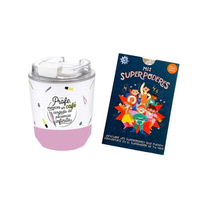 Porque tu Súper Profe necesita su dosis de energía diaria, este SÚPER PACK, compuesto de un vaso térmico para café y una baraja de Flashcards para trabajar las habilidades sociales de los peques en clase , sin duda será su aliado especial cada día del año ¡Un SUPERREGALO!