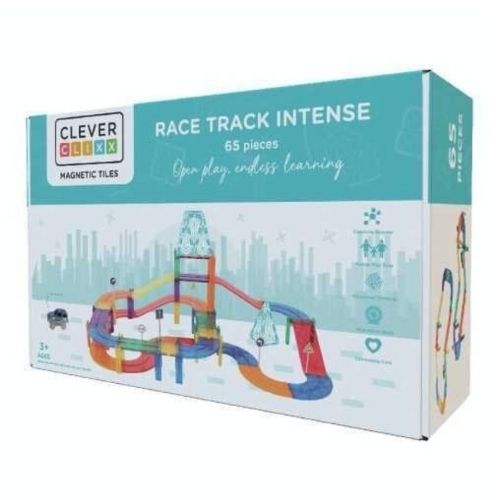 caja Pista de Carreras Colores Vivos de Cleverclixx! Este emocionante set de 65 piezas ofrece a tu hijo/a todo lo que necesita para construir pistas de carreras épicas