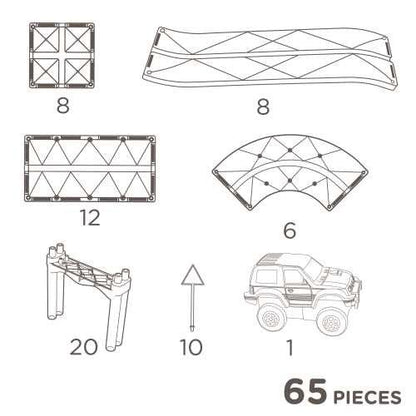 Pista de Carreras Colores Vivos de Cleverclixx! Este emocionante set de 65 piezas ofrece a tu hijo/a todo lo que necesita para construir pistas de carreras épicas piezas