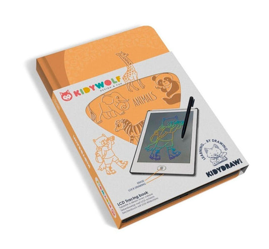 Kidydraw MINI Animales de Kidywolf, un cuaderno de dibujo con pantalla LCD que contiene 30 ilustraciones transferibles y por su puesto la opción de crear libre sus propios dibujos. kidydraw mini animales tableta portatil dibujo kidywolf