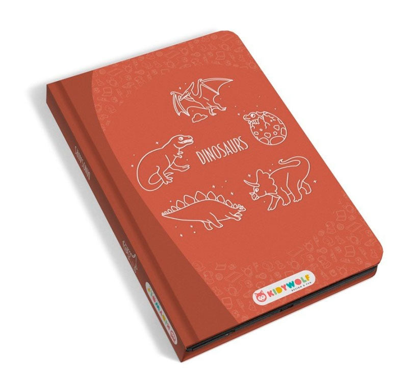 CUADERNO INTERIOR DEL  Kidydraw MINI DINOS de Kidywolf, un cuaderno de dibujo con pantalla LCD que contiene 30 ilustraciones transferibles y por su puesto la opción de crear libre sus propios dibujos.