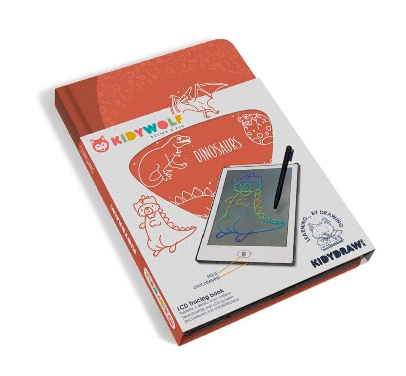  Kidydraw MINI DINOS de Kidywolf, un cuaderno de dibujo con pantalla LCD que contiene 30 ilustraciones transferibles y por su puesto la opción de crear libre sus propios dibujos.