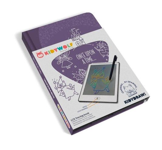  Kidydraw MINI FANTASÍA, érase una vez, de Kidywolf, un cuaderno de dibujo con pantalla LCD que contiene 30 ilustraciones transferibles y por su puesto la opción de crear libre sus propios dibujos.