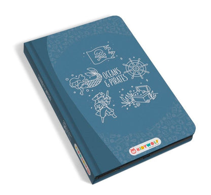 CUADERNO DEL Kidydraw MINI PIRATAS de Kidywolf, un cuaderno de dibujo con pantalla LCD que contiene 30 ilustraciones transferibles y por su puesto la opción de crear libre sus propios dibujos.