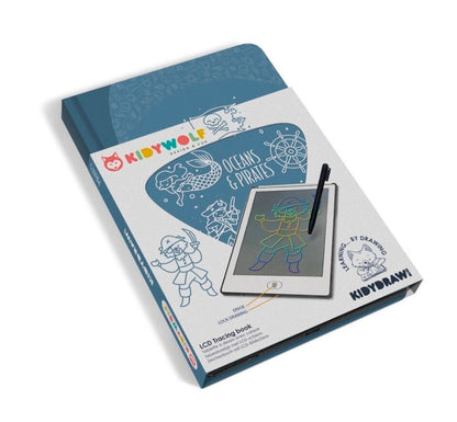 Kidydraw MINI PIRATAS de Kidywolf, un cuaderno de dibujo con pantalla LCD que contiene 30 ilustraciones transferibles y por su puesto la opción de crear libre sus propios dibujos.