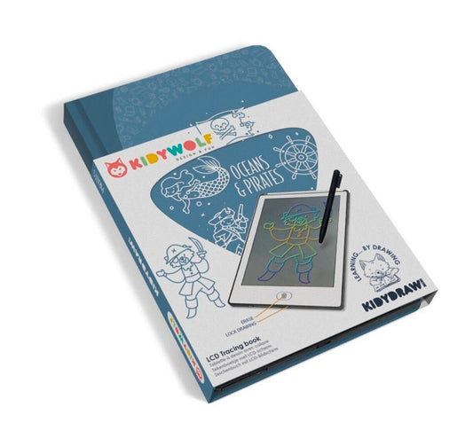 Kidydraw MINI PIRATAS de Kidywolf, un cuaderno de dibujo con pantalla LCD que contiene 30 ilustraciones transferibles y por su puesto la opción de crear libre sus propios dibujos.