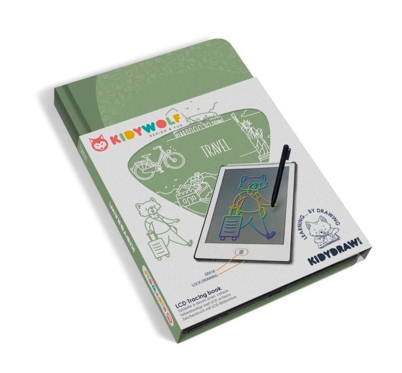 Kidydraw MINI viajes de Kidywolf, un cuaderno de dibujo con pantalla LCD que contiene 30 ilustraciones transferibles y por su puesto la opción de crear libre sus propios dibujos.