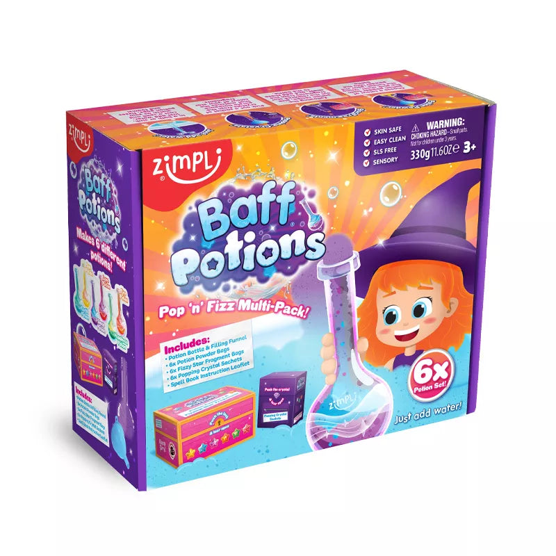 Transforma la hora del baño en un auténtico ritual mágico. Un completo kit interactivo con el que niños y niñas pueden crear pociones efervescentes llenas de color, espuma y sorpresas, mezclando distintos ingredientes dentro de su propia botella de hechizos. Polvos de colores, estrellas efervescentes y cristales explosivos se combinan para crear efectos visuales y sensoriales sorprendentes: burbujas, chisporroteos y cambios de color que convierten el agua en una experiencia totalmente inmersiva. Además, el 