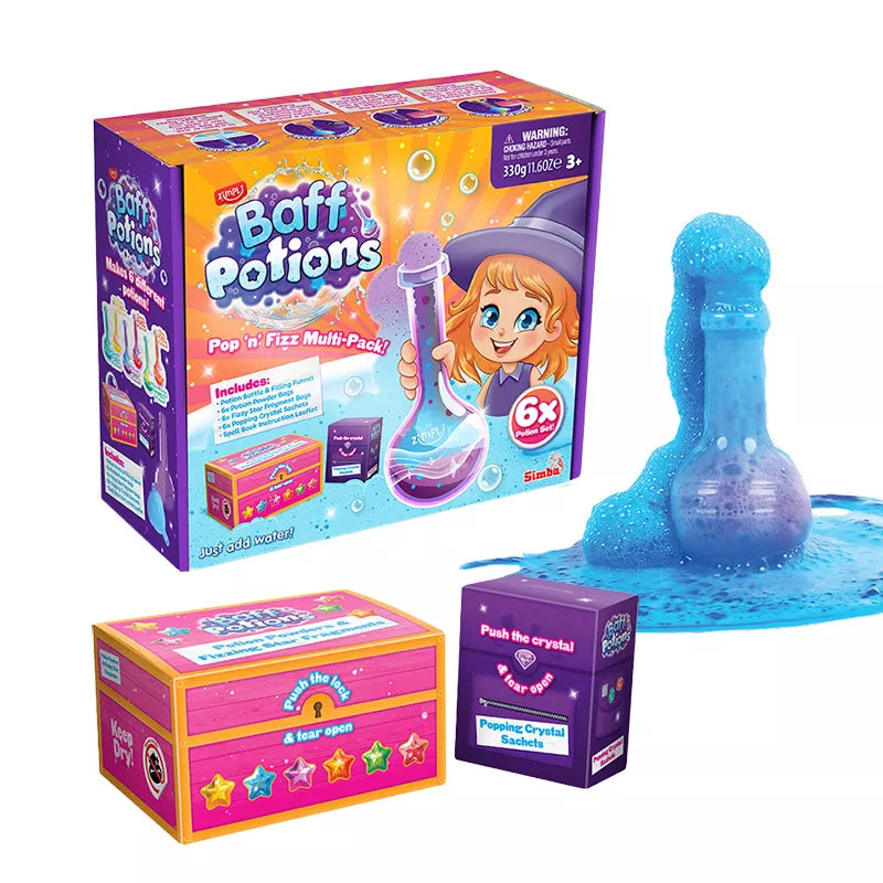 Transforma la hora del baño en un auténtico ritual mágico. Un completo kit interactivo con el que niños y niñas pueden crear pociones efervescentes llenas de color, espuma y sorpresas, mezclando distintos ingredientes dentro de su propia botella de hechizos. Polvos de colores, estrellas efervescentes y cristales explosivos se combinan para crear efectos visuales y sensoriales sorprendentes: burbujas, chisporroteos y cambios de color que convierten el agua en una experiencia totalmente inmersiva. Además, el 