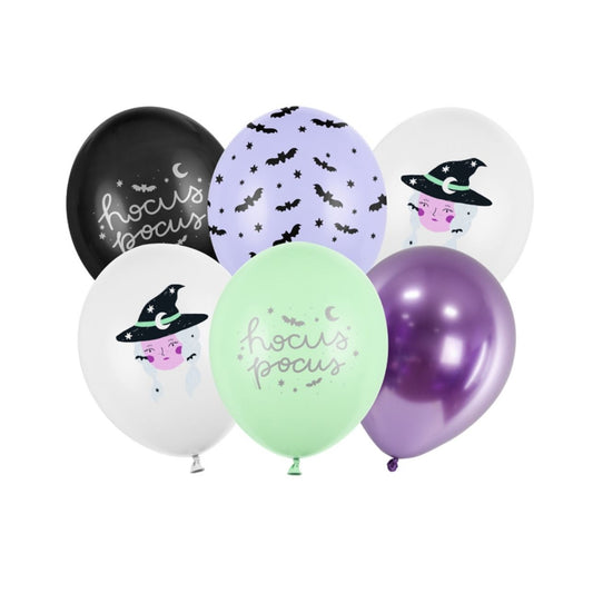 🎈 Globos resistentes Hocus Pocus – Pack de 6 unidades
Incluye: 6 globos (1 negro con estampado, 2 blancos con estampado, 1 violeta con estampado, 1 violeta brillante)
Tamaño: Diámetro aproximado de 30 cm