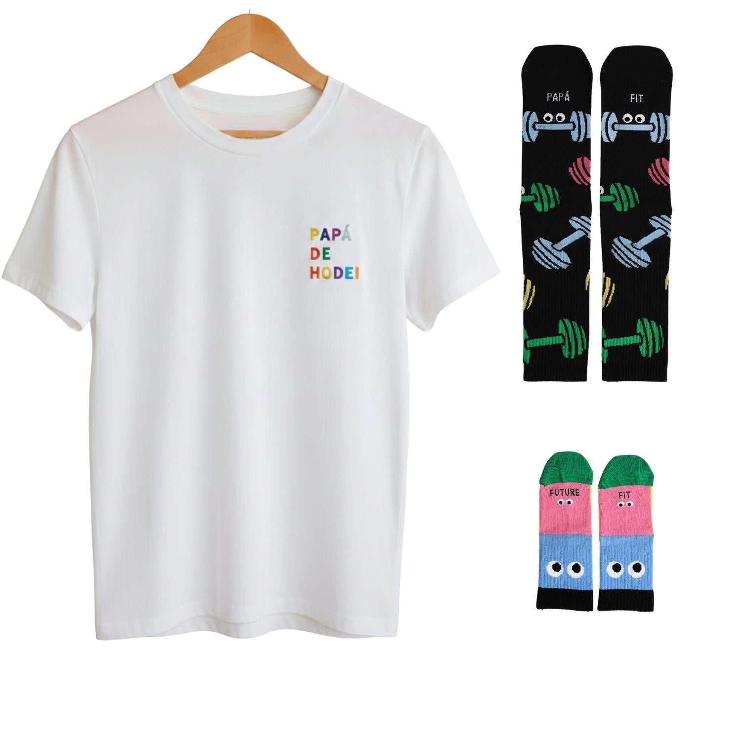 Consigue el Pack Familia FIT en Mano de Santa. Incluye camiseta negra bordada personalizada para papá y calcetines a juego para adulto y niño. ¡Calidad premium fabricada en España!
