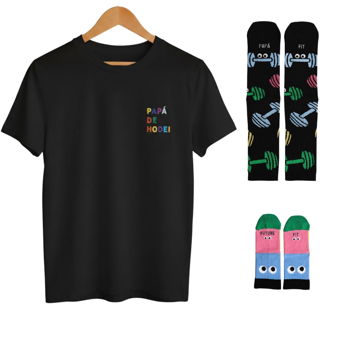 Consigue el Pack Familia FIT en Mano de Santa. Incluye camiseta negra bordada personalizada para papá y calcetines a juego para adulto y niño. ¡Calidad premium fabricada en España!