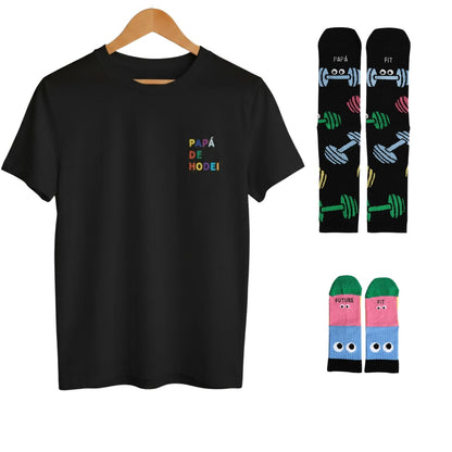 Consigue el Pack Familia FIT en Mano de Santa. Incluye camiseta negra bordada personalizada para papá y calcetines a juego para adulto y niño. ¡Calidad premium fabricada en España!