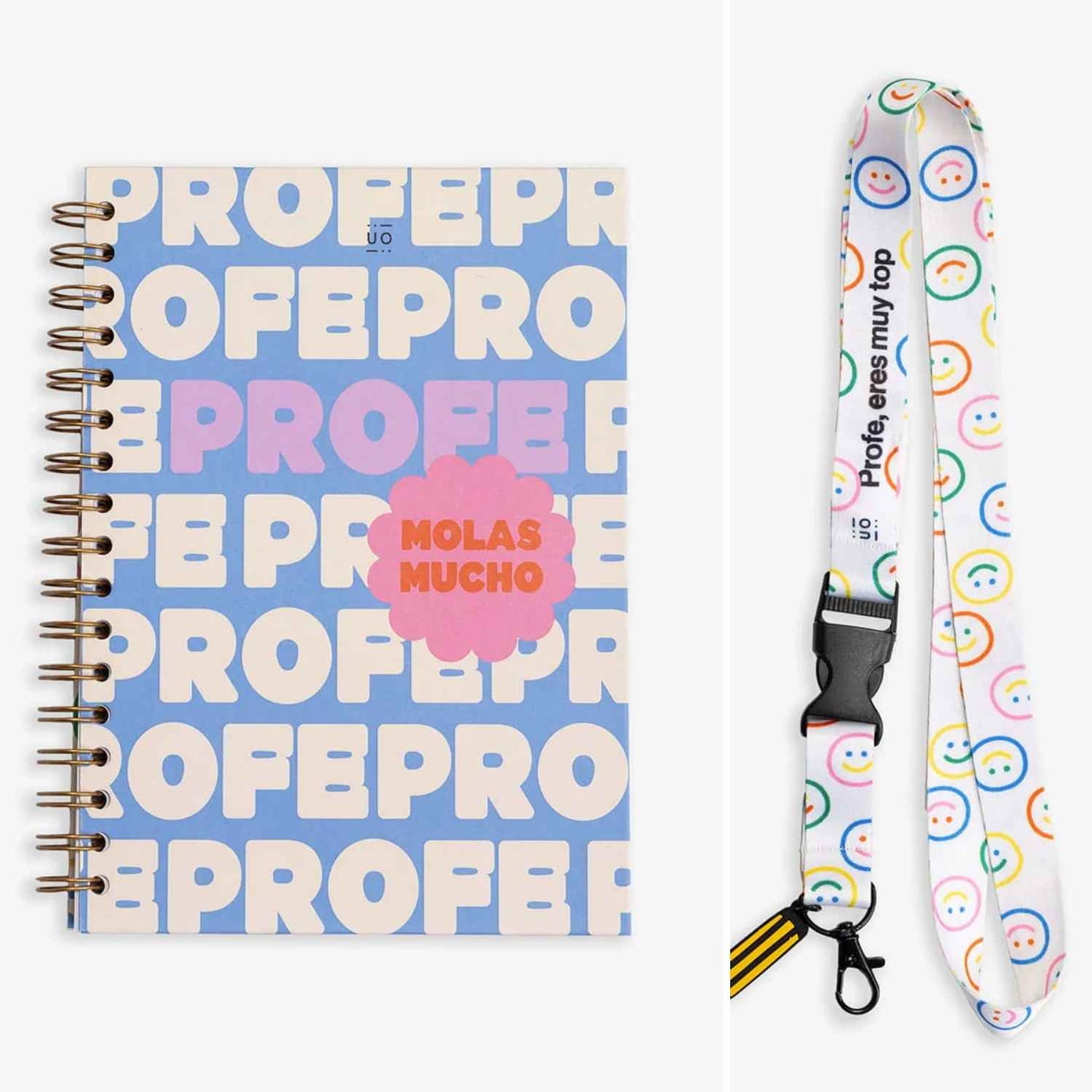 Pack de Regalo Profe Molas Mucho. Este conjunto incluye un precioso cuaderno con un diseño alegre y motivador, ideal para sus anotaciones diarias, reuniones o tutorías. Para completar el kit, el lanyard a juego se convertirá en su accesorio imprescindible para el día a día en el colegio, permitiéndole llevar sus llaves o identificación con total comodidad y estilazo. Es el detalle de agradecimiento perfecto, listo para comprar en un clic y adaptado para tener un gran regalo sin complicaciones. ¡Haz que su f