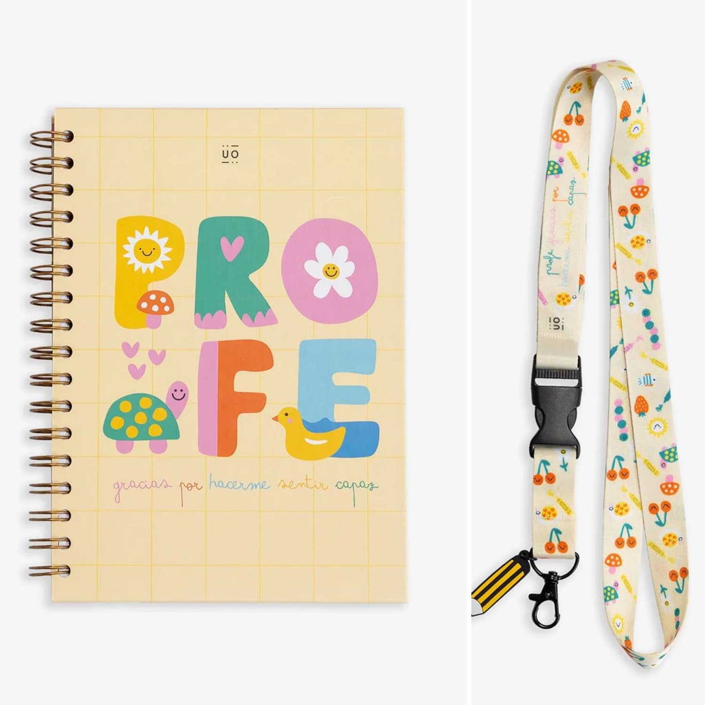 Pack de Regalo Profe Gracias por hacerme sentir capaz. Este conjunto incluye un precioso cuaderno con un diseño alegre y motivador, ideal para sus anotaciones diarias, reuniones o tutorías. Para completar el kit, el lanyard a juego se convertirá en su accesorio imprescindible para el día a día en el colegio, permitiéndole llevar sus llaves o identificación con total comodidad y estilazo