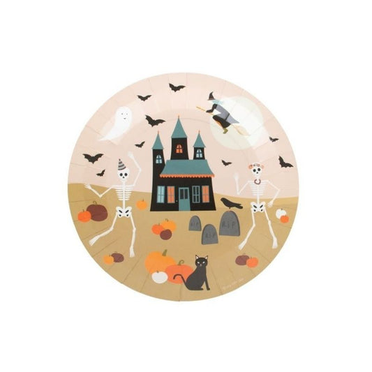 set de 8 platos especiales de la colección Happy Halloween! Los colores clásicos de Halloween y su divertida ilustración de un castillo encantado&nbsp;