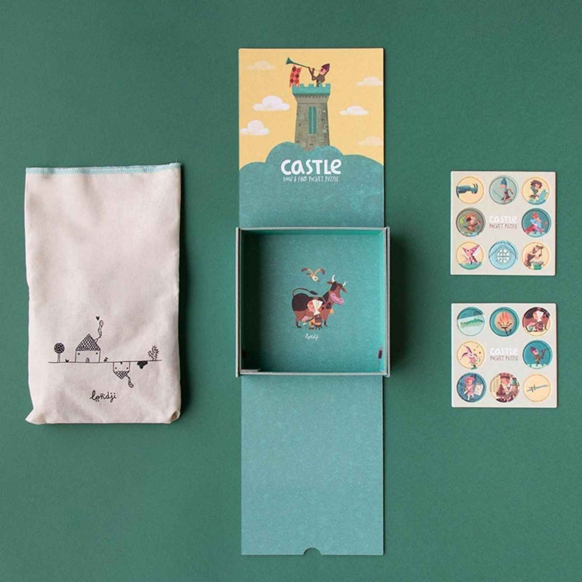 Meta description: Compra Pocket Puzzle - CASTLE: puzle medieval de 100 piezas con juego de observación y 16 fichas de búsqueda. Juguete educativo fabricado con materiales sostenibles.