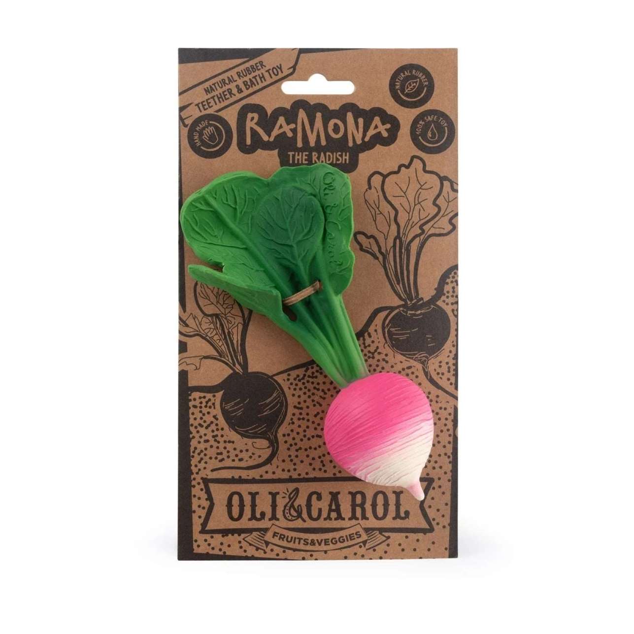 El&nbsp;Mordedor Ramona the Radish es el mejor aliado para la dentición de tu bebé. Combina diversión, alivio y sostenibilidad. ¡El favorito para el juego sensorial y la hora del baño!

100% Ecológico: Hecho con Caucho Natural (árboles Hevea). Libre de BPA, PVC y Ftalatos.

Alivio Inmediato: Su textura flexible y suave calma las encías inflamadas.

Higiene Máxima: Fabricado sin agujeros para evitar el moho y las bacterias (perfecto para el baño).