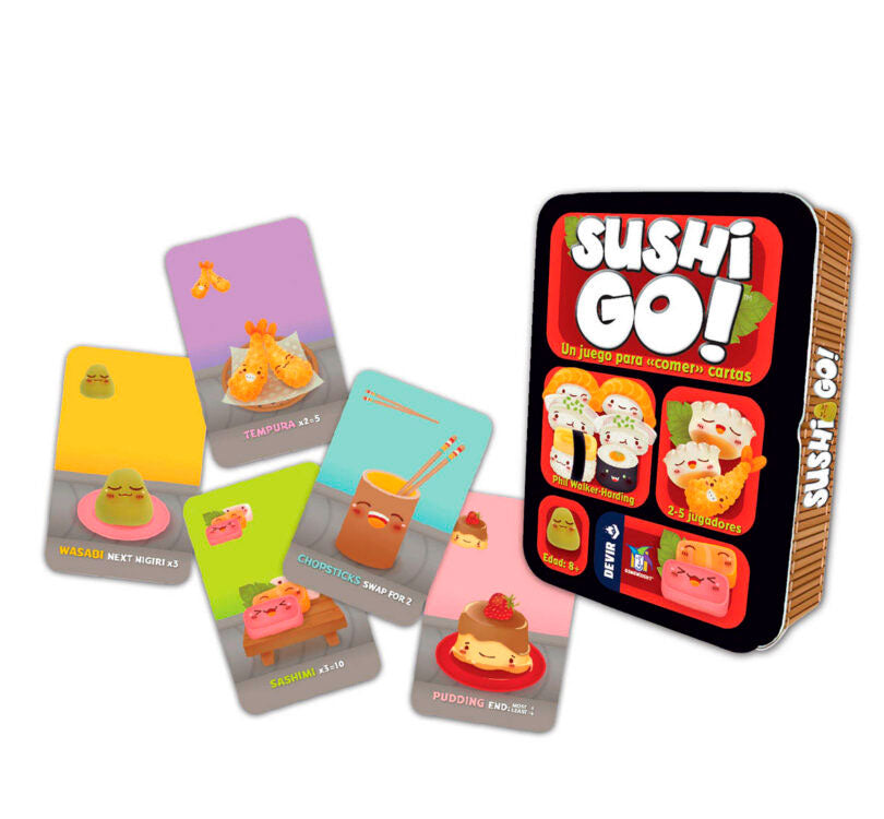 JUEGO DE CARTAS FORMATO VIAJE SUSHI GO MARCA DEVIR Este juego de cartas es una loca aventura donde tendrás que crear el menú de sushi perfecto. CON CARTAS