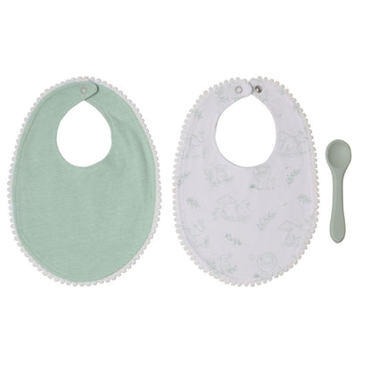 Set de alimentación con 2 baberos de algodón y cuchara de silicona suave en color verde selva. Ideal para bebés +4 meses. Materiales seguros, no tóxicos y fáciles de limpiar.

Los baberos son un must de toda familia con bebés. Este set está formado por dos baberos 100% en algodón y una cuchara 100% silicona de alta calidad de grado alimenticio, completamente segura y no tóxica, ideal para que el bebé se alimente sin riesgos. Este material es resistente al calor, se limpia fácilmente y puede ser esterilizado