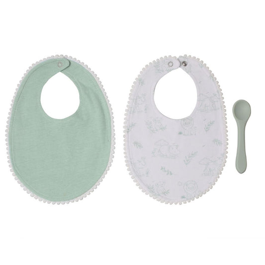 Set de alimentación con 2 baberos de algodón y cuchara de silicona suave en color verde selva. Ideal para bebés +4 meses. Materiales seguros, no tóxicos y fáciles de limpiar.

Los baberos son un must de toda familia con bebés. Este set está formado por dos baberos 100% en algodón y una cuchara 100% silicona de alta calidad de grado alimenticio, completamente segura y no tóxica, ideal para que el bebé se alimente sin riesgos. Este material es resistente al calor, se limpia fácilmente y puede ser esterilizado