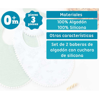 Set de alimentación con 2 baberos de algodón y cuchara de silicona suave en color verde selva. Ideal para bebés +4 meses. Materiales seguros, no tóxicos y fáciles de limpiar.

Los baberos son un must de toda familia con bebés. Este set está formado por dos baberos 100% en algodón y una cuchara 100% silicona de alta calidad de grado alimenticio, completamente segura y no tóxica, ideal para que el bebé se alimente sin riesgos. Este material es resistente al calor, se limpia fácilmente y puede ser esterilizado