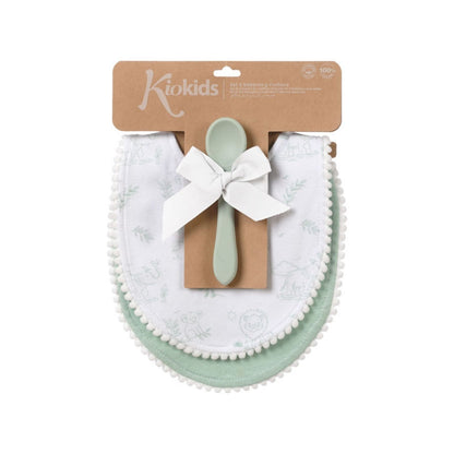 Set de alimentación con 2 baberos de algodón y cuchara de silicona suave en color verde selva. Ideal para bebés +4 meses. Materiales seguros, no tóxicos y fáciles de limpiar.

Los baberos son un must de toda familia con bebés. Este set está formado por dos baberos 100% en algodón y una cuchara 100% silicona de alta calidad de grado alimenticio, completamente segura y no tóxica, ideal para que el bebé se alimente sin riesgos. Este material es resistente al calor, se limpia fácilmente y puede ser esterilizado
