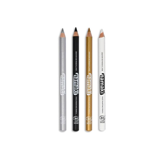 Contenido: 4 Lápices Finos Maquillaje Namaki Oro-Plata-Negro-Blanco

Este pack de lápices de maquillaje natural de Namaki es ideal para que los más pequeños decoren su piel en fiestas, juegos de rol o momentos de pura imaginación. Su fórmula ecológica y suave cuida la piel infantil al mismo tiempo que invita al juego libre y creativo.