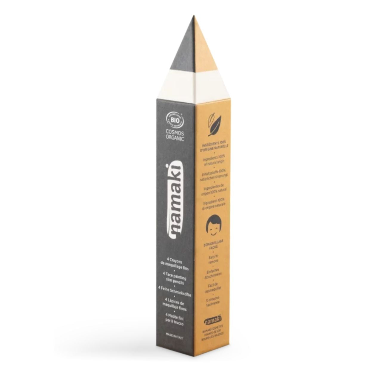 Contenido: 4 Lápices Finos Maquillaje Namaki Oro-Plata-Negro-Blanco

Este pack de lápices de maquillaje natural de Namaki es ideal para que los más pequeños decoren su piel en fiestas, juegos de rol o momentos de pura imaginación. Su fórmula ecológica y suave cuida la piel infantil al mismo tiempo que invita al juego libre y creativo.