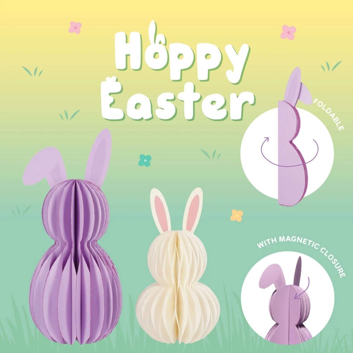 Compra el Set de 2 Conejitos Plegables de Papel Hoppy Easter de Legami. Con cierre magnético, efecto nido de abeja y detalles de purpurina. La decoración de Pascua perfecta y fácil de guardar.