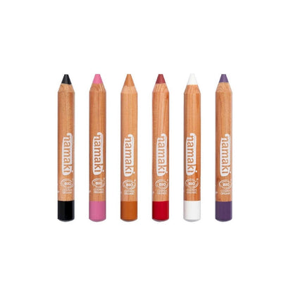 Pack de 6 lápices de maquillaje con ingredientes 100% naturales y certificado orgánico. Perfectos para decorar la cara y el cuerpo en fiestas, disfraces y juegos creativos. Su textura suave permite una aplicación fácil y divertida, ¡y se elimina fácilmente con agua y jabón!
