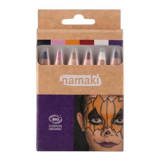 Pack de 6 lápices de maquillaje con ingredientes 100% naturales y certificado orgánico. Perfectos para decorar la cara y el cuerpo en fiestas, disfraces y juegos creativos. Su textura suave permite una aplicación fácil y divertida, ¡y se elimina fácilmente con agua y jabón!