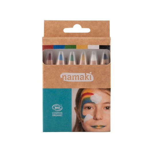 Pack de 6 lápices de maquillaje con ingredientes 100% naturales y certificado orgánico. Perfectos para decorar la cara y el cuerpo en fiestas, disfraces y juegos creativos. Su textura suave permite una aplicación fácil y divertida, ¡y se elimina fácilmente con agua y jabón!