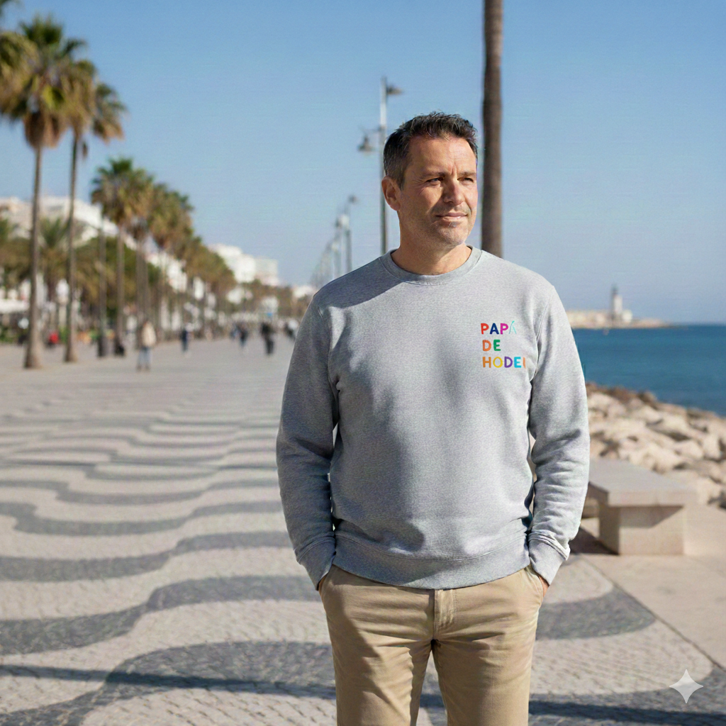 Compra la sudadera gris vigoré personalizada para papá en Mano de Santa. Regalo ideal para el Día del Padre con bordado en relieve multicolor, tejido premium de 280g y máximo confort. Personalización exclusiva y duradera con envío a domicilio.