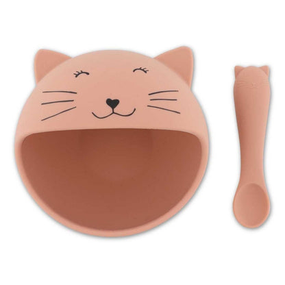 🐱 ¡Comidas divertidas y sin derrames! Set de Bol y Cuchara Gato Trixie con ventosa antideslizante. Silicona 100% segura para la autonomía de tu bebé en www.manodesantaoficial.es. ✨
