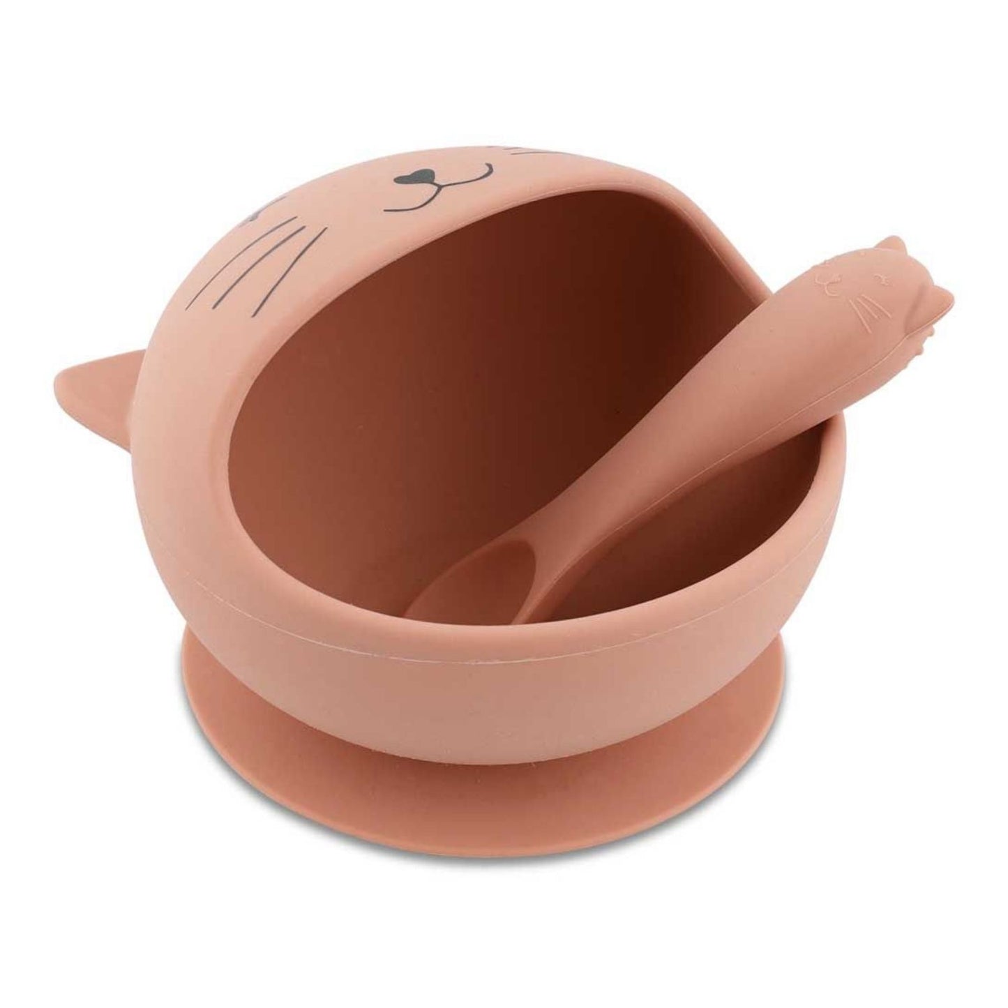 🐱 ¡Comidas divertidas y sin derrames! Set de Bol y Cuchara Gato Trixie con ventosa antideslizante. Silicona 100% segura para la autonomía de tu bebé en www.manodesantaoficial.es. ✨